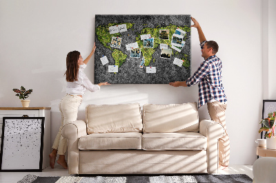 Tablero de corcho decorado mapa del mundo verde sobre fondo gris
