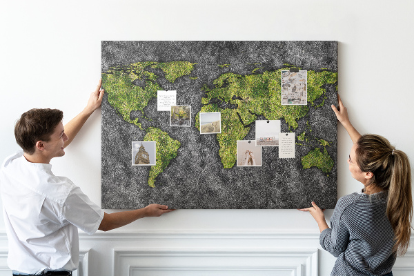 Tablero de corcho decorado mapa del mundo verde sobre fondo gris