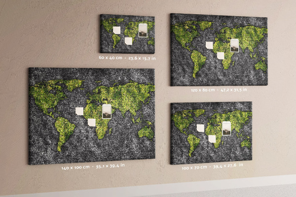 Tablero de corcho decorado mapa del mundo verde sobre fondo gris