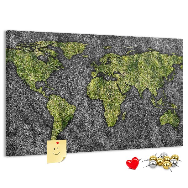 Tablero de corcho decorado mapa del mundo verde sobre fondo gris
