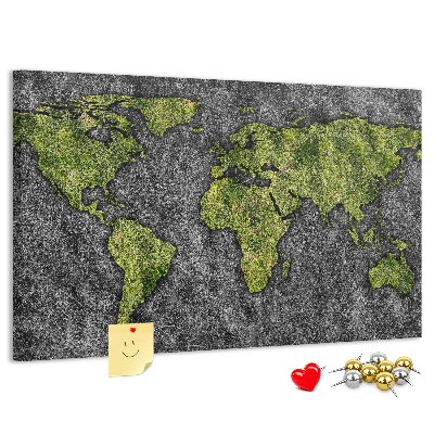 Tablero de corcho decorado mapa del mundo verde sobre fondo gris