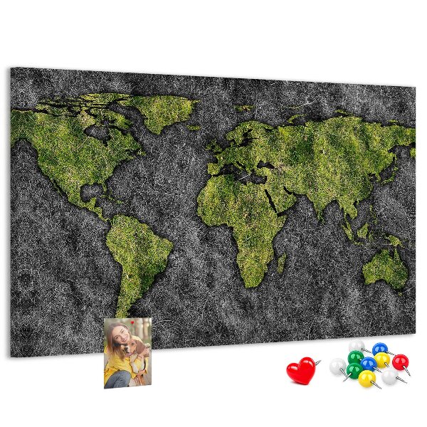 Tablero de corcho decorado mapa del mundo verde sobre fondo gris
