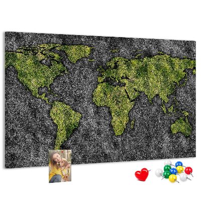 Tablero de corcho decorado mapa del mundo verde sobre fondo gris