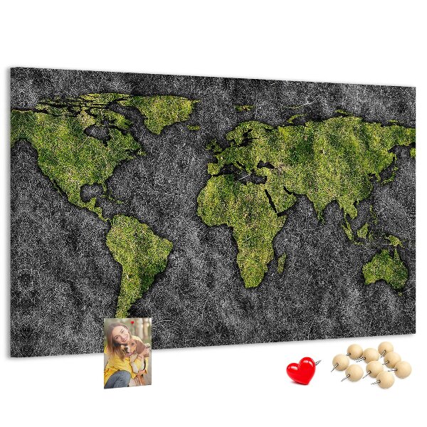 Tablero de corcho decorado mapa del mundo verde sobre fondo gris