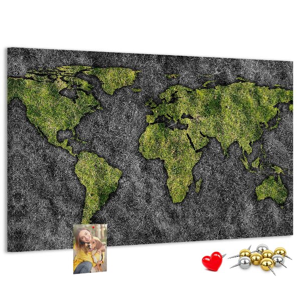 Tablero de corcho decorado mapa del mundo verde sobre fondo gris