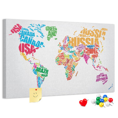 Pizarra de corcho Mapa mundial colorido con los nombres de los países.