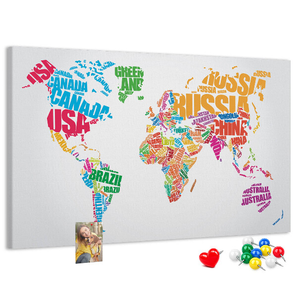 Pizarra de corcho mapa mundial colorido con nombres de países