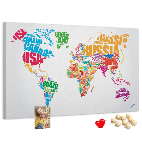 Pizarra de corcho mapa mundial colorido con nombres de países