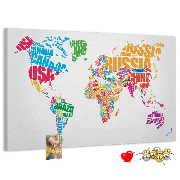 Pizarra de corcho mapa mundial colorido con nombres de países