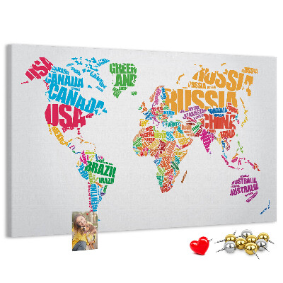 Pizarra de corcho mapa mundial colorido con nombres de países