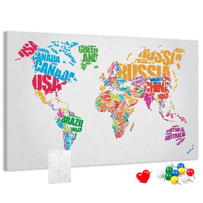Pizarra de corcho mapa mundial colorido con nombres de países
