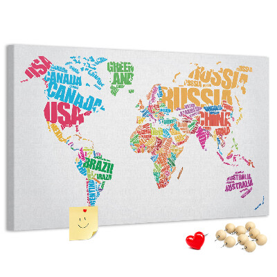 Pizarra de corcho mapa mundial colorido con nombres de países