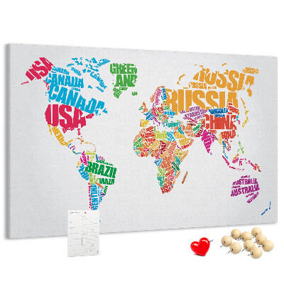 Pizarra de corcho mapa mundial colorido con nombres de países
