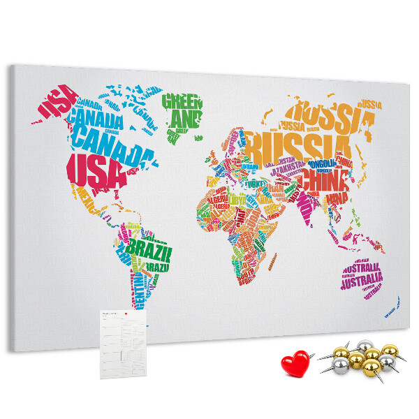 Pizarra de corcho mapa mundial colorido con nombres de países
