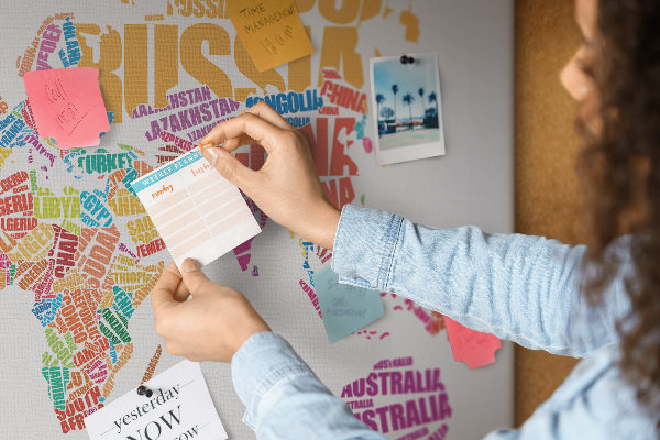 Pizarra de corcho mapa mundial colorido con nombres de países