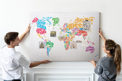 Pizarra de corcho mapa mundial colorido con nombres de países