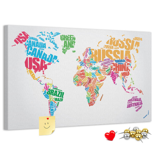 Pizarra de corcho mapa mundial colorido con nombres de países