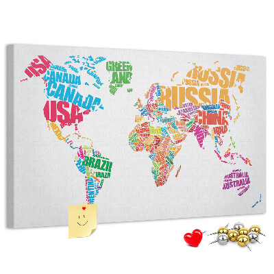 Pizarra de corcho mapa mundial colorido con nombres de países