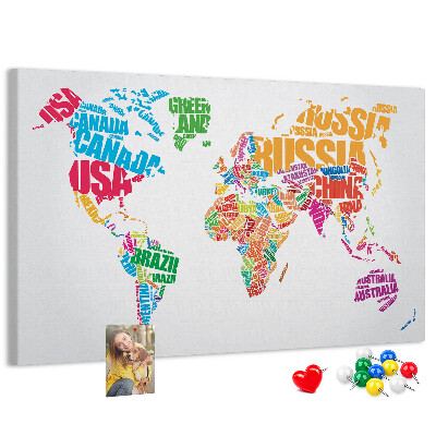 Pizarra de corcho mapa mundial colorido con nombres de países