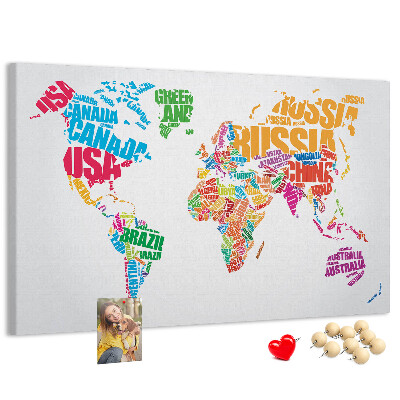 Pizarra de corcho mapa mundial colorido con nombres de países