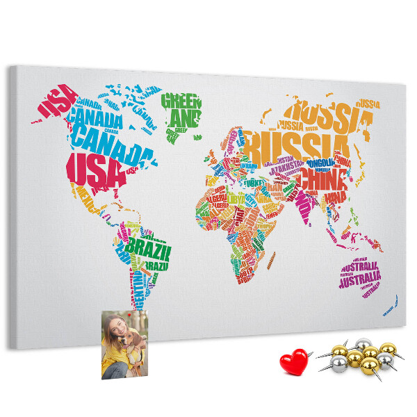 Pizarra de corcho mapa mundial colorido con nombres de países
