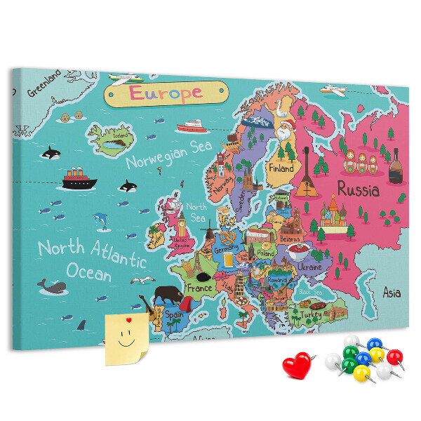 Tablero de corcho decorado mapa colorido de Europa con los nombres de los países