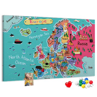 Tablero de corcho decorado mapa colorido de Europa con los nombres de los países