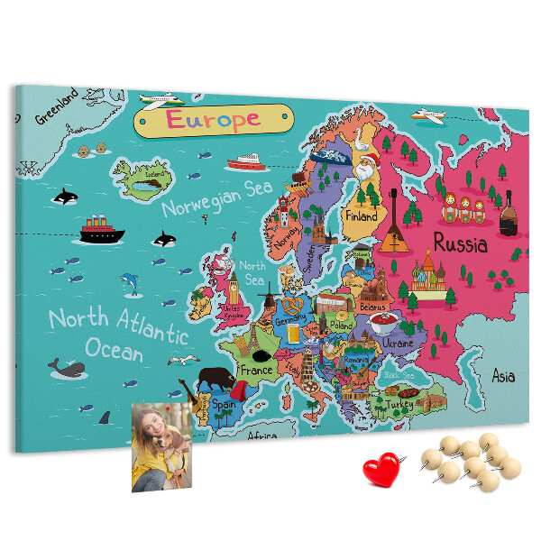 Tablero de corcho decorado mapa colorido de Europa con los nombres de los países