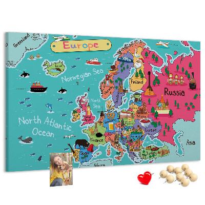 Tablero de corcho decorado mapa colorido de Europa con los nombres de los países