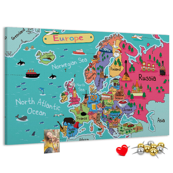Tablero de corcho decorado mapa colorido de Europa con los nombres de los países