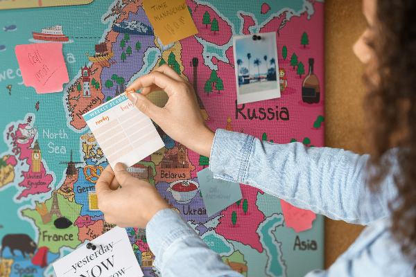 Tablero de corcho decorado mapa colorido de Europa con los nombres de los países