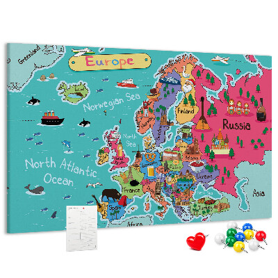 Tablero de corcho decorado mapa colorido de Europa con los nombres de los países