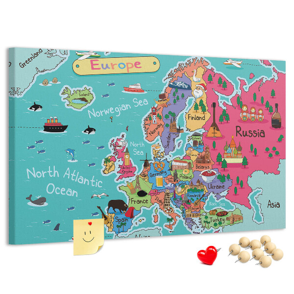 Tablero de corcho decorado mapa colorido de Europa con los nombres de los países