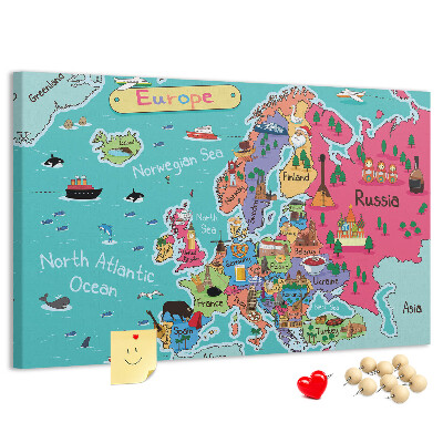 Tablero de corcho decorado mapa colorido de Europa con los nombres de los países