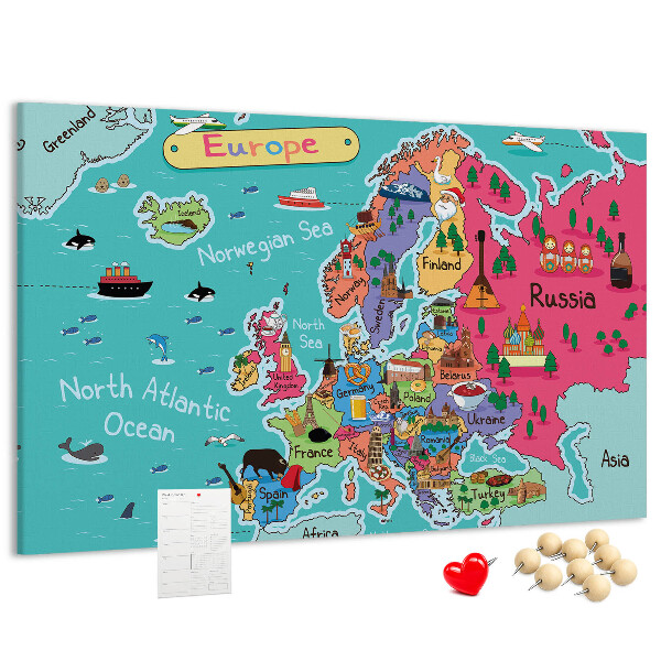 Tablero de corcho decorado mapa colorido de Europa con los nombres de los países