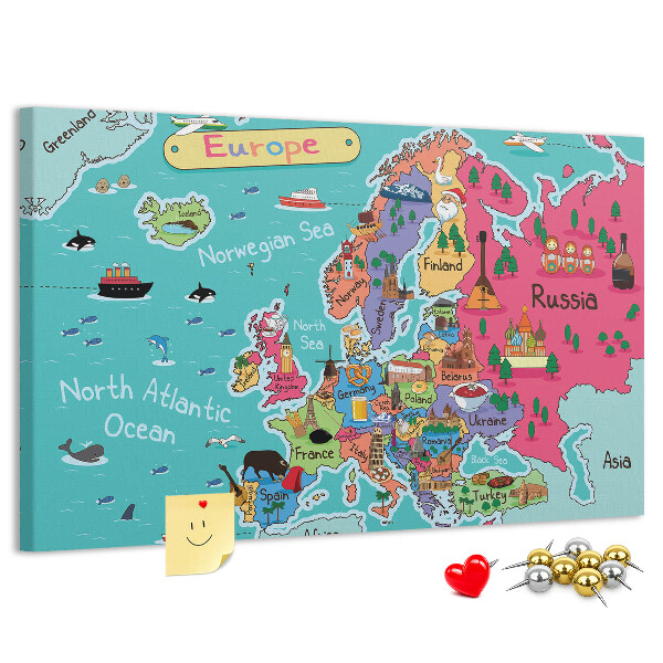 Tablero de corcho decorado mapa colorido de Europa con los nombres de los países