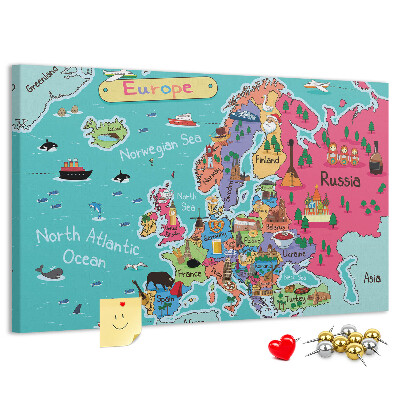 Tablero de corcho decorado mapa colorido de Europa con los nombres de los países