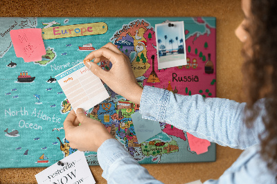 Tablero de corcho decorado mapa colorido de Europa con los nombres de los países