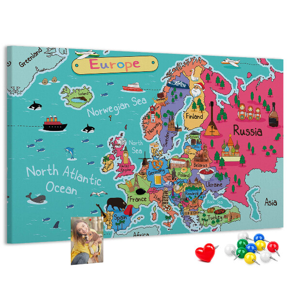 Tablero de corcho decorado mapa colorido de Europa con los nombres de los países