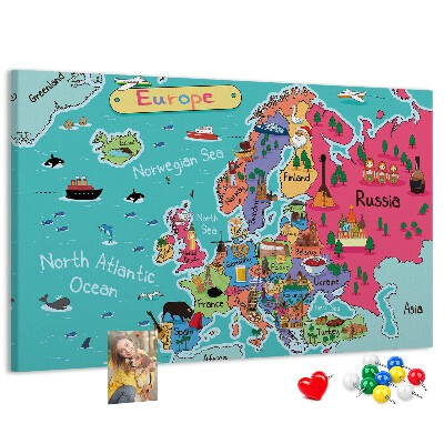 Tablero de corcho decorado mapa colorido de Europa con los nombres de los países