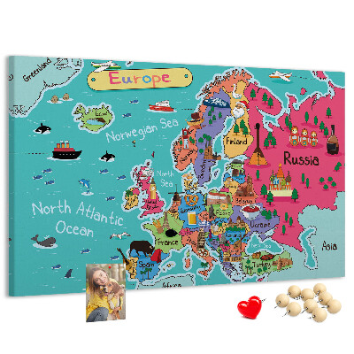 Tablero de corcho decorado mapa colorido de Europa con los nombres de los países