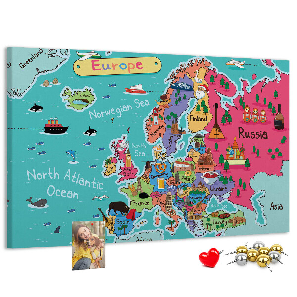 Tablero de corcho decorado mapa colorido de Europa con los nombres de los países