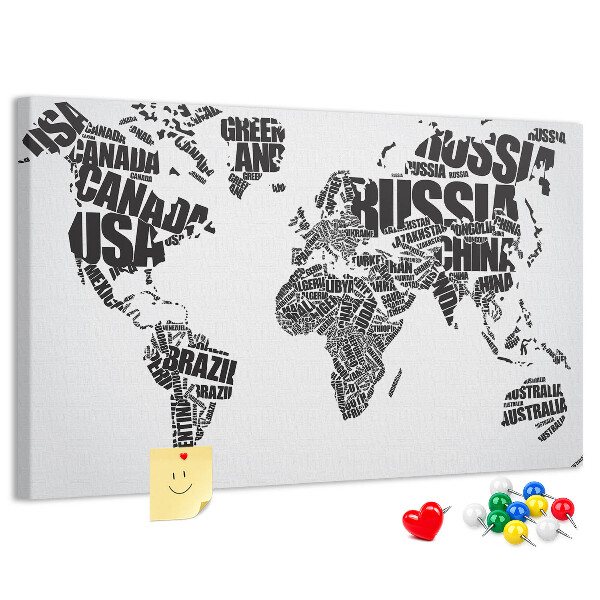 Tablero de anuncios Mapa del mundo con los nombres de los países en palabras.