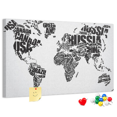 Tablero de anuncios Mapa del mundo con los nombres de los países en palabras.