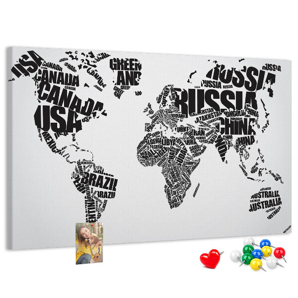 Tablero de anuncios Mapa del mundo con los nombres de los países en palabras.
