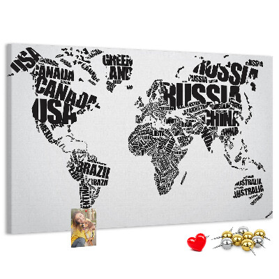 Tablero de anuncios Mapa del mundo con los nombres de los países en palabras.