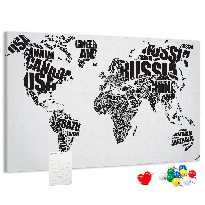 Tablero de anuncios Mapa del mundo con los nombres de los países en palabras.