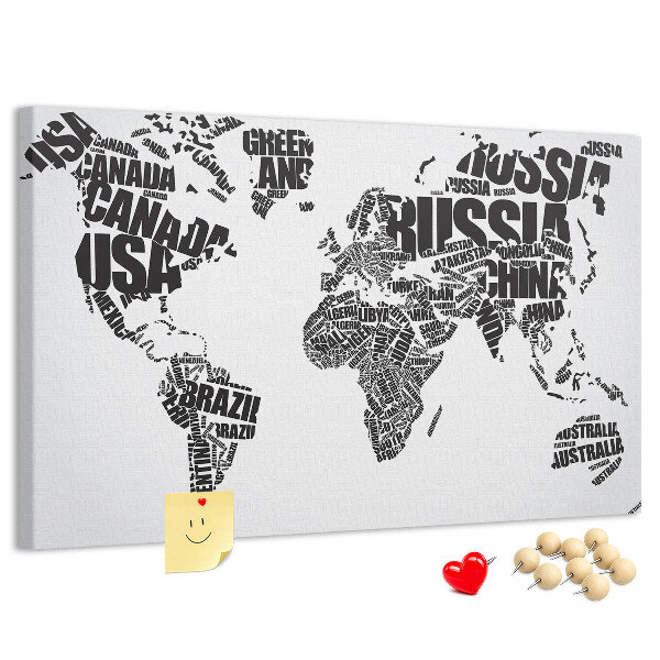 Tablero de anuncios Mapa del mundo con los nombres de los países en palabras.