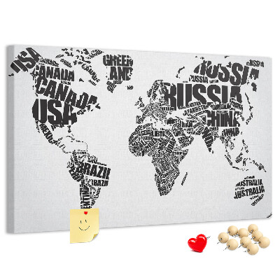 Tablero de anuncios Mapa del mundo con los nombres de los países en palabras.
