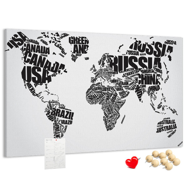 Tablero de anuncios Mapa del mundo con los nombres de los países en palabras.